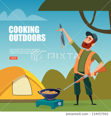 Cooking outdoors. camping background with hunter cooking duck Cooking outdoors. camping background with hunter cooking duck 134057942