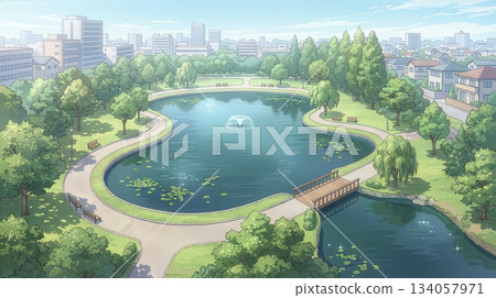 從空中俯瞰一座公園，園內有一個大池塘，周圍環繞著步道。 134057971