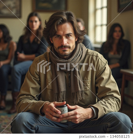 AI generated Bearded man in olive jacket participating actively in familial group setting 134058125
