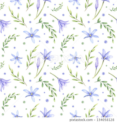 Watercolor blue scilla, green leaves and blue green water drops seamless pattern on isolated background. Spring delicate floral illustration for wedding stationery, textile print, website background. Watercolor blue scilla, green leaves and blue green water drops seamless pattern on isolated background. Spring delicate floral illustration for wedding stationery, textile print, website background. 134058128