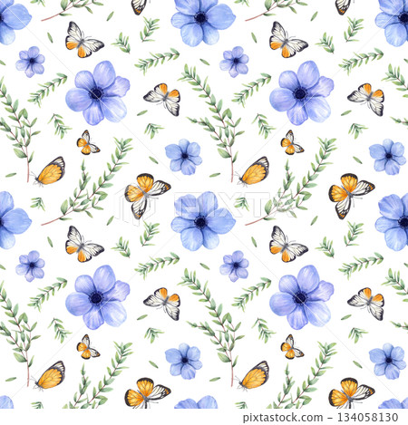 Blue anemones, green foliage and fluttering white orange butterflies watercolor seamless pattern on isolated background. Flowers, branching stems and flying moth illustration for nursery decor. Blue anemones, green foliage and fluttering white orange butterflies watercolor seamless pattern on isolated background. Flowers, branching stems and flying moth illustration for nursery decor. 134058130