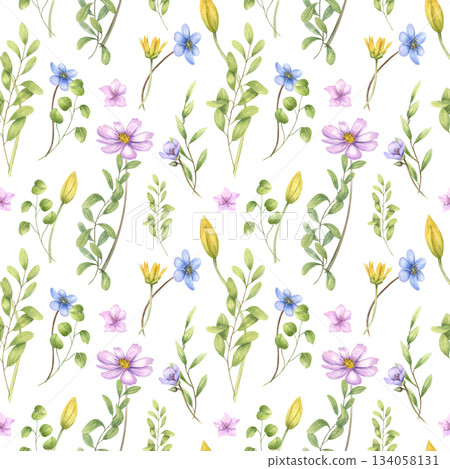 Spring seamless pattern with watercolor yellow tulips, blue anemones, pink cosmos and green leaves on isolated background. Wildflowers illustration for home decor textile, crafting project, gift wrap. Spring seamless pattern with watercolor yellow tulips, blue anemones, pink cosmos and green leaves on isolated background. Wildflowers illustration for home decor textile, crafting project, gift wrap. 134058131