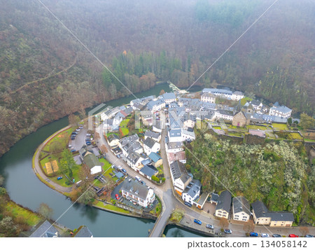 Esch-Sur-Sure, Wiltz, Grand Duche De Luxembourg, December 7, 2025, River Horseshoe Panoramic Village 134058142