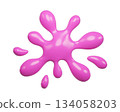 Glossy 3D pink fluid elements of different abstract shapes - dripping effect, splashing blob, rounded liquid form, scattered droplet pattern. Dynamic amorphous elements. Glossy slime splat. 134058203