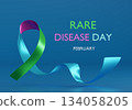 3d Blue Ribbon. Rare Disease Day Spreading Awareness with a Gradient Ribbon.Horizontal Web Banner, Design template for posters, banners and social networks, infographic magazines or websites. 3d rende 134058205