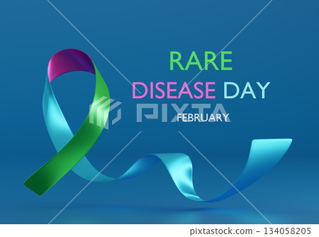 3d Blue Ribbon. Rare Disease Day Spreading Awareness with a Gradient Ribbon.Horizontal Web Banner, Design template for posters, banners and social networks, infographic magazines or websites. 3d rende 134058205