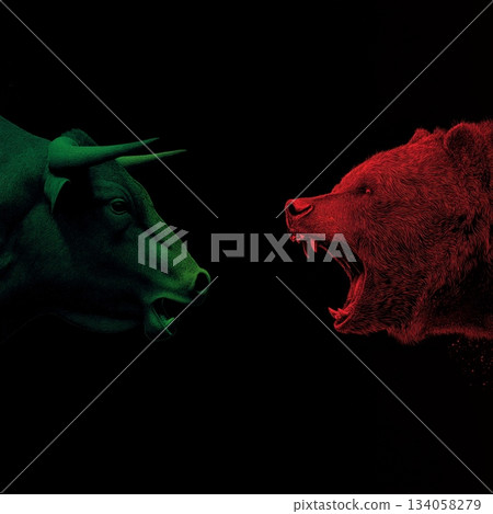 Bull and bear market financial trends concept. Bull and bear symbols depicting contrasting financial market movements and investment strategies 134058279