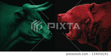 Bull and bear market financial trends concept. Bull and bear symbols depicting contrasting financial market movements and investment strategies 134058281