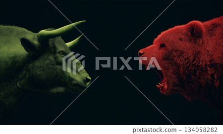 Bull and bear market financial trends concept. Bull and bear symbols depicting contrasting financial market movements and investment strategies Bull and bear market financial trends concept. Bull and bear symbols depicting contrasting financial market movements and investment strategies 134058282