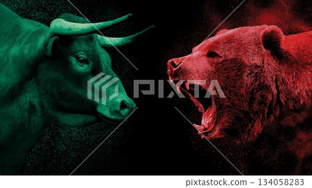 Bull and bear market financial trends concept. Bull and bear symbols depicting contrasting financial market movements and investment strategies 134058283