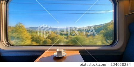 Enjoying a coffee while traveling through scenic autumn countryside seen from a train window. Train journey, European autumn landscape rolling, coffee cup 134058284
