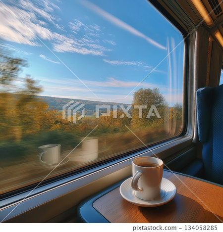 Enjoying a coffee while traveling through scenic autumn countryside seen from a train window. Train journey, European autumn landscape rolling, coffee cup Enjoying a coffee while traveling through scenic autumn countryside seen from a train window. Train journey, European autumn landscape rolling, coffee cup 134058285