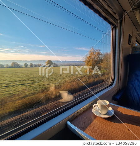 Enjoying a coffee while traveling through scenic autumn countryside seen from a train window. Train journey, European autumn landscape rolling, coffee cup 134058286