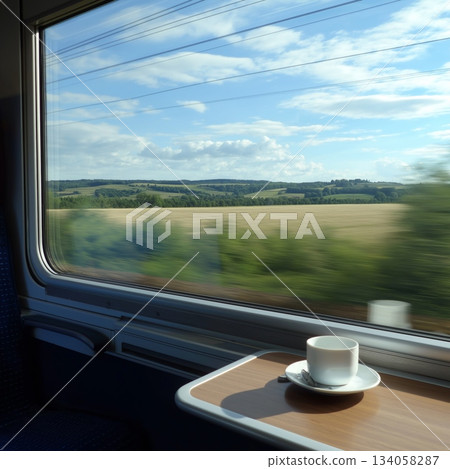 Enjoying a coffee while traveling through scenic autumn countryside seen from a train window. Train journey, European autumn landscape rolling, coffee cup Enjoying a coffee while traveling through scenic autumn countryside seen from a train window. Train journey, European autumn landscape rolling, coffee cup 134058287