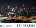 Top view of The Grand Palace and The Emerald Buddha Temple at night time. 134058503