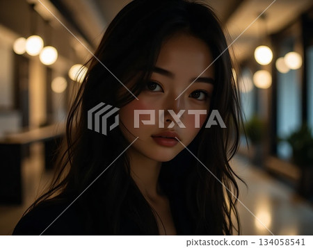 一位身穿夾克的年輕女子在飯店走廊裡轉身。 134058541