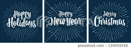 Happy Holidays Merry Christmas New Year handwriting calligraphy lettering with salute. Vector vintage illustration Happy Holidays Merry Christmas New Year handwriting calligraphy lettering with salute. Vector vintage illustration 134058588