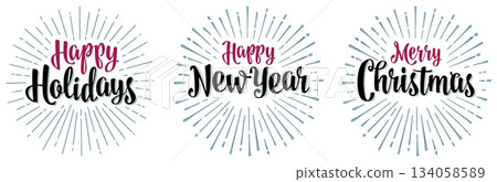 Happy Holidays Merry Christmas New Year handwriting calligraphy lettering with salute. Vector vintage illustration Happy Holidays Merry Christmas New Year handwriting calligraphy lettering with salute. Vector vintage illustration 134058589