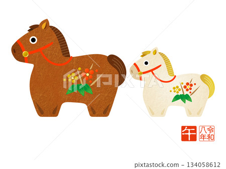 2026年新年賀卡，以馬為生肖，描繪了父母和孩子。 134058612