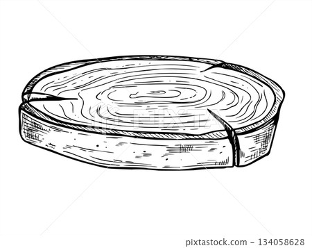 Natural wood tree ring slice vector isolated illustration. Wooden trunk cross section line art black ink sketch. Textured surface with cracks monochrome graphic for spa and wellness product packaging Natural wood tree ring slice vector isolated illustration. Wooden trunk cross section line art black ink sketch. Textured surface with cracks monochrome graphic for spa and wellness product packaging 134058628