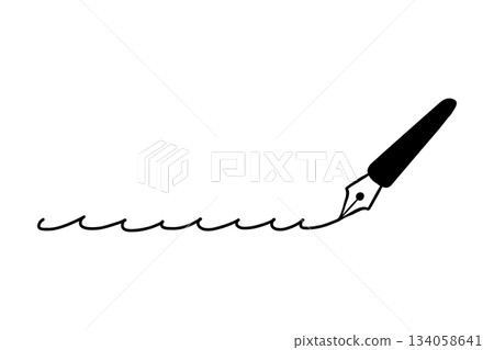 Simple hand-drawn line illustration: fountain pen, black, curly lines Simple hand-drawn line illustration: fountain pen, black, curly lines 134058641