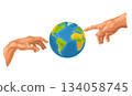 Male finger pointing and god hand touch earth planet. Vector color illustration 134058745