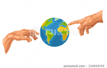Male finger pointing and god hand touch earth planet. Vector color illustration 134058745