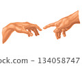 Male finger pointing touch god hand. Section fresco The Creation of Adam. Vector illustration 134058747