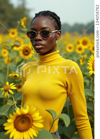 AI generated Selfassured female figure posed amid sunflowers wearing yellow turtleneck AI generated Selfassured female figure posed amid sunflowers wearing yellow turtleneck 134058762