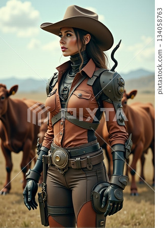 AI generated Sophisticated automaton guards uneven desert landscape with alertness AI generated Sophisticated automaton guards uneven desert landscape with alertness 134058763