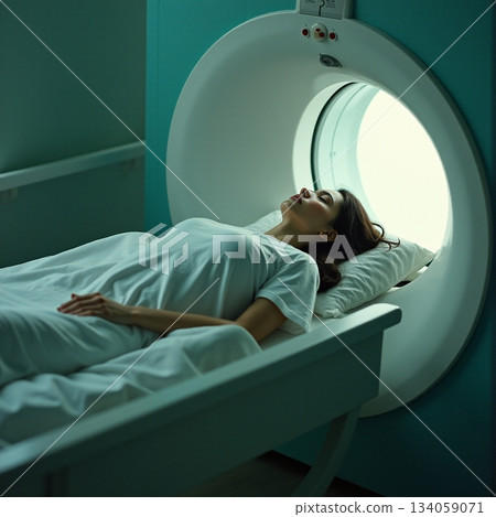A woman lies calmly on a hospital bed as she prepares for an MRI scan 134059071