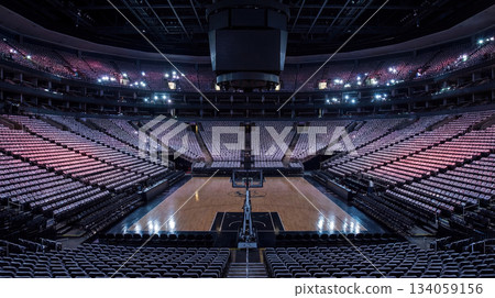 Large empty basketball arena with purple lighting. AI-generated item 134059156