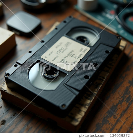 AI generated Vintage magnetic tape on aged furniture amid handwritten labels and dusty 134059272