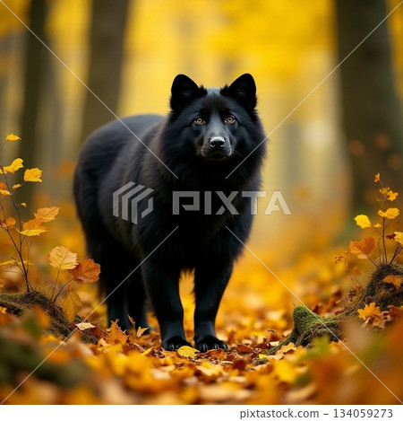 AI generated Lone predator surveys woodland surroundings, Darkcoated wolf observes forest 134059273