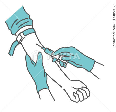 A close-up illustration of the hand taking blood and giving an injection (the moment of puncture) 134059323