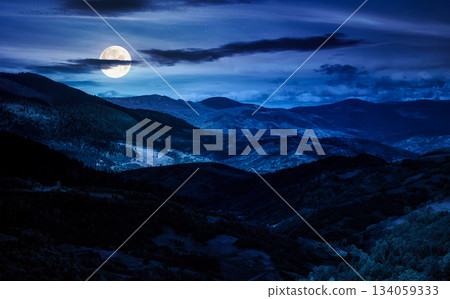 rolling forested hills in spring at night. beautiful scenery of mountainous countryside in dappled full moon light. finance investment or abstract concepts rolling forested hills in spring at night. beautiful scenery of mountainous countryside in dappled full moon light. finance investment or abstract concepts 134059333