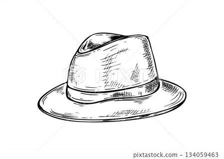 Monochrome felt fedora safari hat vector isolated illustration painted by black inks. Travel Borsalino man headdress accessory for adventure blog graphics, travel agency marketing material 134059463