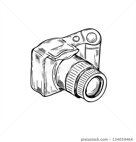 Professional camera with lens extended and ready to shoot vector isolated illustration painted by black inks. Etching drawing of photographer equipment for photography blogs, equipment review article 134059464