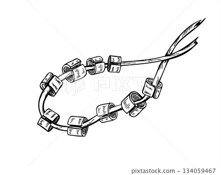 Ornithological rings set strung on cord vector isolated illustration painted by black ink. Marking rings for bird scientific ringing, wildlife monitoring, ecosystem sustainability, ecological research 134059467
