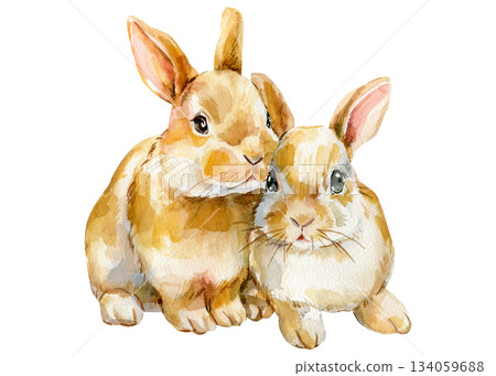 Bunny rabbits watercolor pair brown sitting on white background cute spring Easter nursery wall art Bunny rabbits watercolor pair brown sitting on white background cute spring Easter nursery wall art 134059688