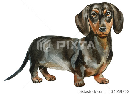 Dachshund dog watercolor brown black portrait standing on white background cute pet art for kids room decor Dachshund dog watercolor brown black portrait standing on white background cute pet art for kids room decor 134059700