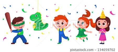 Children play pinata. Boy ready to break dinosaur pinata with baseball bat. Birthday party mexican style, happy girls and boys, nowaday vector scene 134059702
