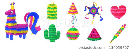 Cartoon pinatas. Mexican colorful pinata heart, llama, star, watermelon slice. Bright festival decorations for birthday or party with confetti inside, nowaday vector set 134059707
