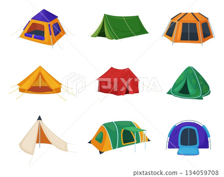 Hiking tents. Expedition, nature adventures tents for accommodation. Touristic, military or refugees camp equipment. Outdoor fabric houses, nowaday vector set Hiking tents. Expedition, nature adventures tents for accommodation. Touristic, military or refugees camp equipment. Outdoor fabric houses, nowaday vector set 134059708