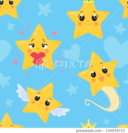 Stars seamless pattern. Star characters flying, with heart in love. Positive romantic nursery print for fabric, wrapping, wallpaper, classy vector background Stars seamless pattern. Star characters flying, with heart in love. Positive romantic nursery print for fabric, wrapping, wallpaper, classy vector background 134059715