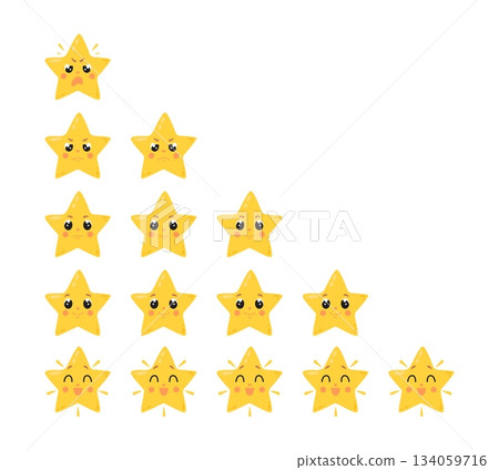Rating symbols. Cartoon funny stars different emotions, from sad to happy. Smiling and angry, indignant character. Positive negative scales, classy vector design Rating symbols. Cartoon funny stars different emotions, from sad to happy. Smiling and angry, indignant character. Positive negative scales, classy vector design 134059716