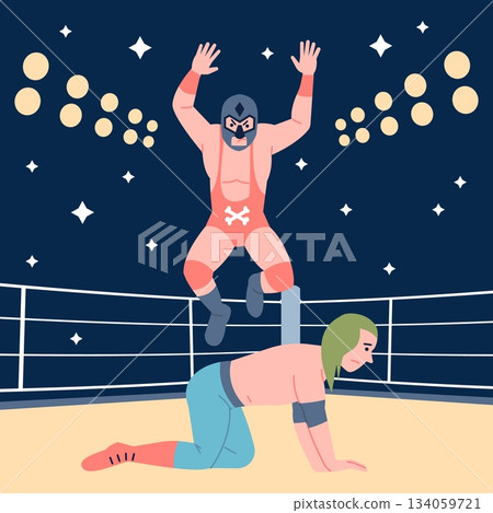Luchadores wrestlers show. Wrestling championship, fighters in masks and costumes on ring. Lucha libre athletes battle or competition, recent vector scene 134059721