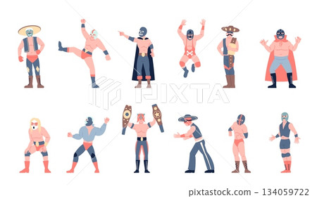 Mexican wrestling fighters. Fight show wrestlers wear bright horror maskr and costumes. Fighters lucha libre in various sport poses, wrestling recent vector characters 134059722