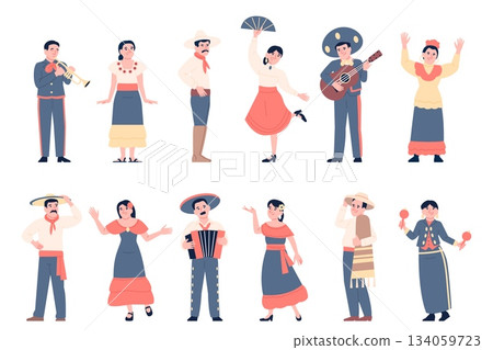 Mexican musicians. Dancers from mexico in traditional suits and dresses. Male female characters in national clothes, sombrero, recent vector clipart 134059723