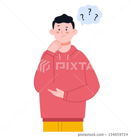 Young man has trouble. Guy thinking about question, find problem solve. Thoughtful, puzzled adult character, student on exam, vector flat person 134059724